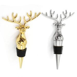 2 packs deer wine stoppers，reusable alloy wine bottle accessories stoppers for home bar or party (sliver+gold)