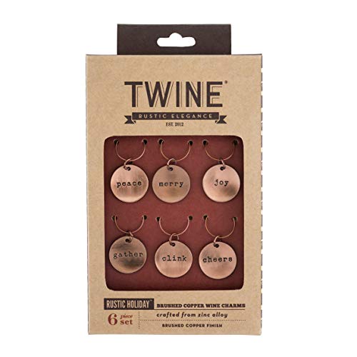 Twine Brushed Copper Holiday Wine Charms for Glass Identification, Drink and Party Accessories, Zinc Alloy, Set of 6