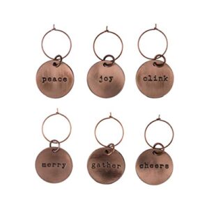 Twine Brushed Copper Holiday Wine Charms for Glass Identification, Drink and Party Accessories, Zinc Alloy, Set of 6