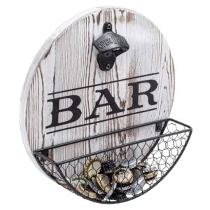 mygift vintage bar sign, whitewashed wood wall decor and metal bottle opener and mesh wire bottle cap catcher basket