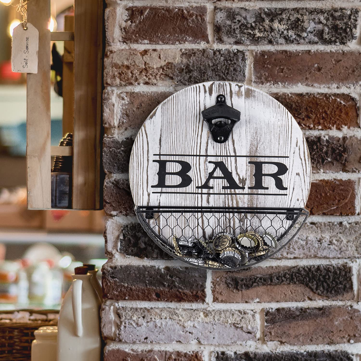MyGift Vintage Bar Sign, Whitewashed Wood Wall Decor and Metal Bottle Opener and Mesh Wire Bottle Cap Catcher Basket