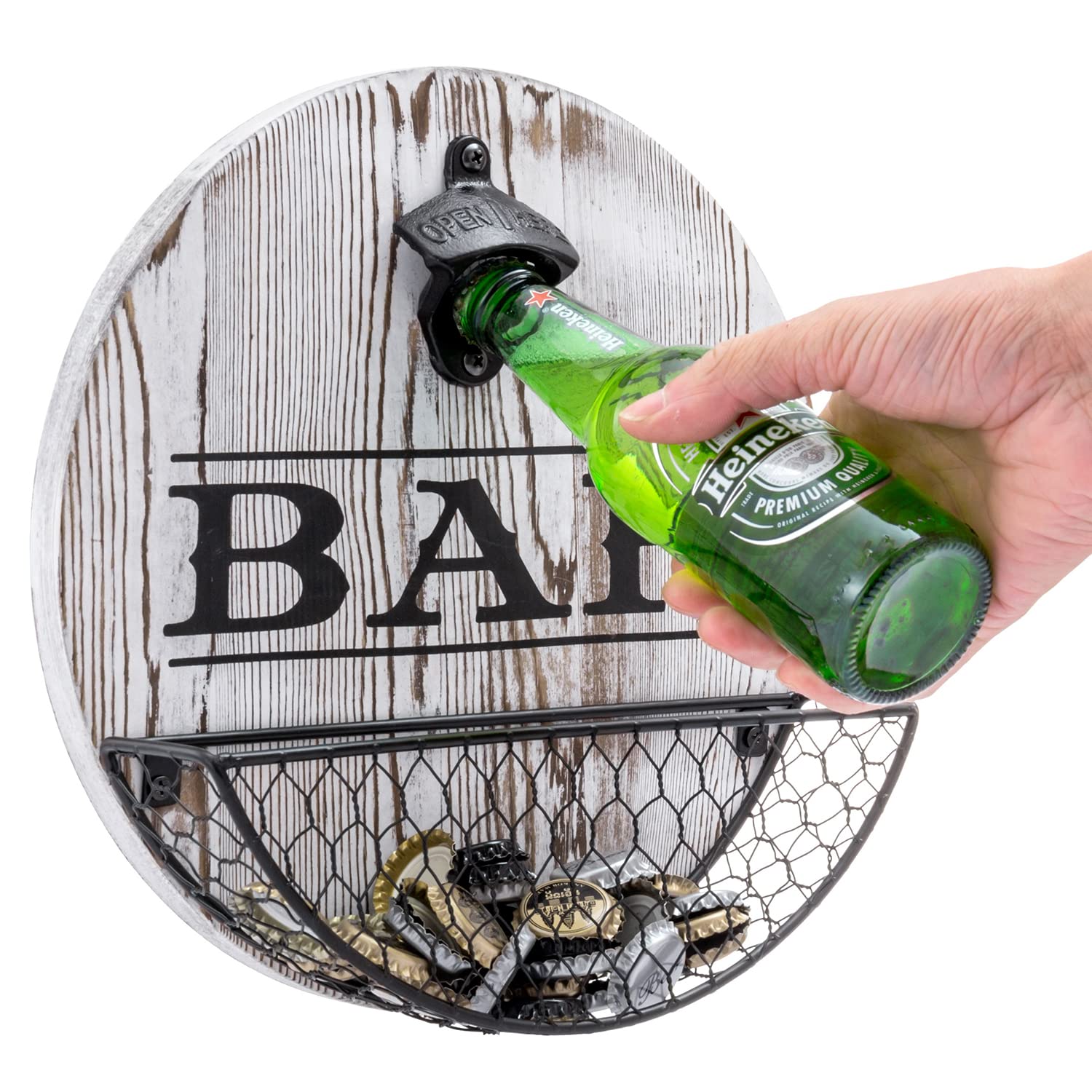 MyGift Vintage Bar Sign, Whitewashed Wood Wall Decor and Metal Bottle Opener and Mesh Wire Bottle Cap Catcher Basket