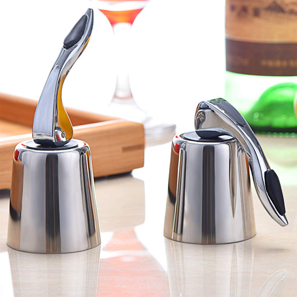 Wine Bottle Stopper Stainless Steel - Plug with BPA Free Silicone Cap Expanding Beverage Holder Reusable Saver Sealer For Fresh And Cooler Gadget Preserver For Home And Bar Accessories Gift Silver 2Pc