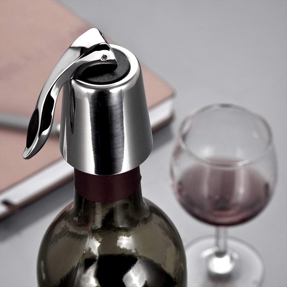 Wine Bottle Stopper Stainless Steel - Plug with BPA Free Silicone Cap Expanding Beverage Holder Reusable Saver Sealer For Fresh And Cooler Gadget Preserver For Home And Bar Accessories Gift Silver 2Pc