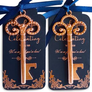 efoxmoko 25 rose gold key bottle opener wedding favor & deep dark blue (close to black color) rose gold foil tag (blue ribbon). unassembled