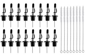 16pcs liquor pourers, stainless steel liquor bottle pourers tapered spout with rubber dust caps, with 8pcs cleaning brush, suitable for about 3/4" bottle mouth