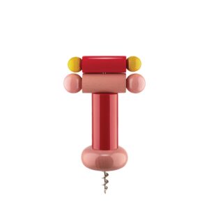alessi corkscrew in beech-wood, red, yellow and pink. alessi 100 values collection.