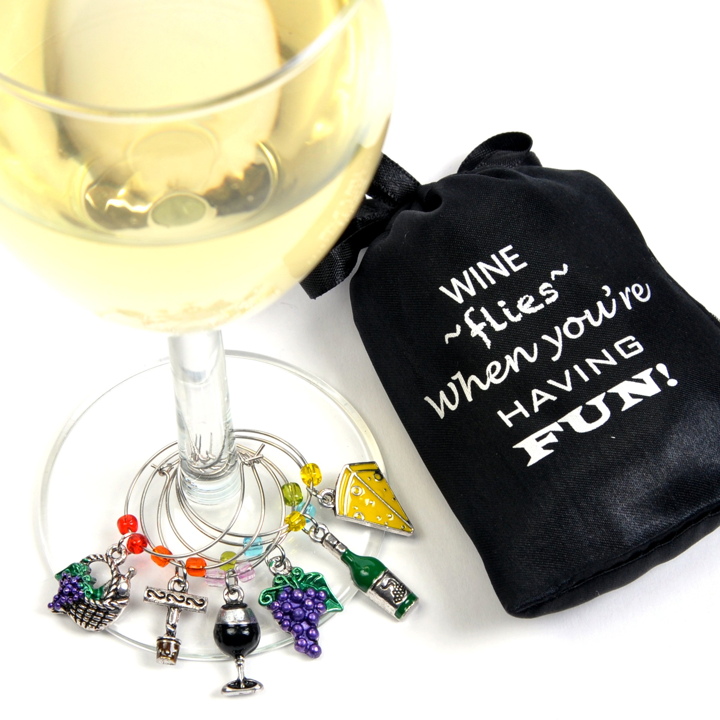 Wine and Grapes Wine Glass Charms, Drink Markers-Charms for Wine Glasses-Set of 6 with Sateen Storage Bag by Cork & Leaf