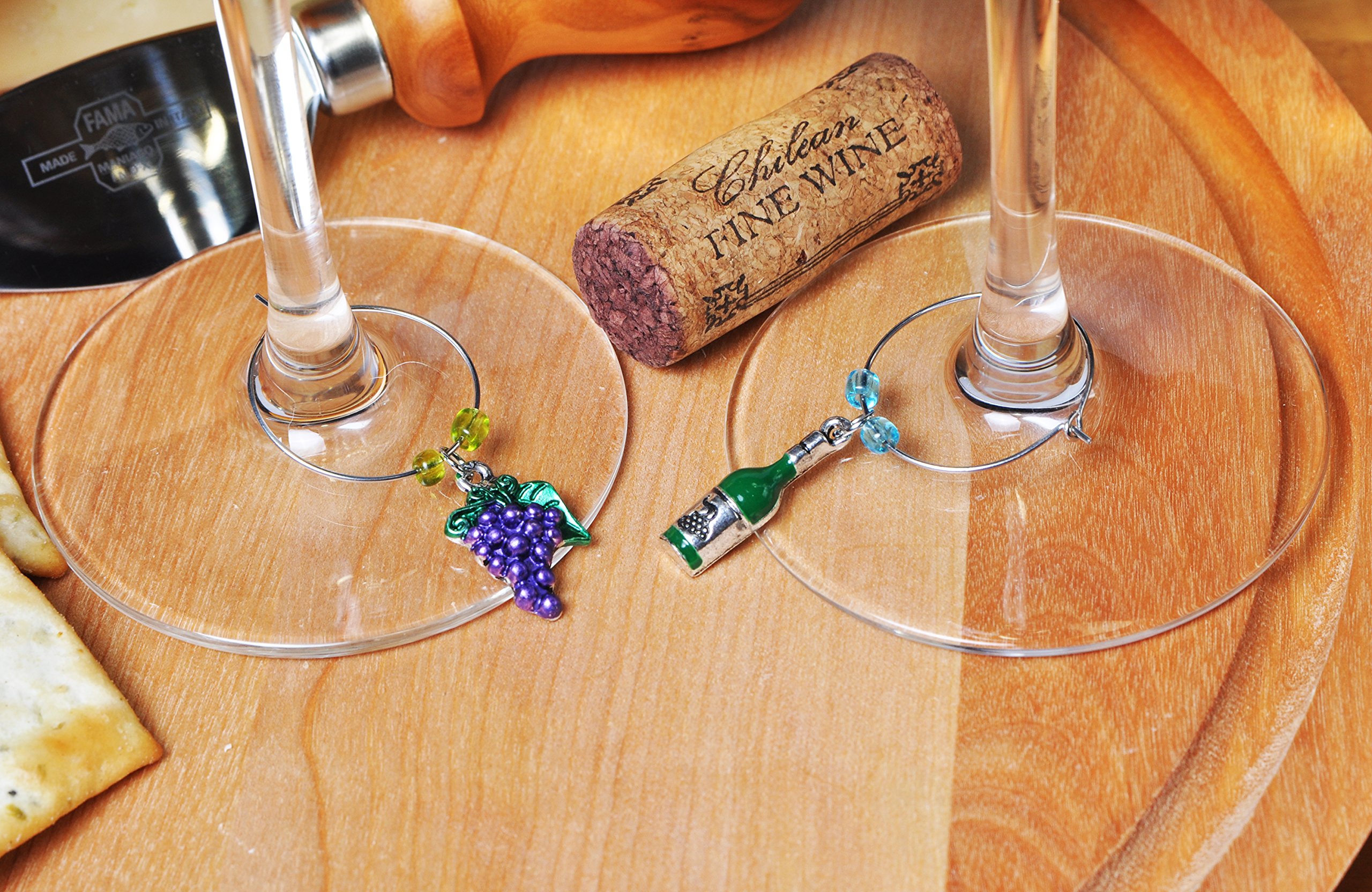 Wine and Grapes Wine Glass Charms, Drink Markers-Charms for Wine Glasses-Set of 6 with Sateen Storage Bag by Cork & Leaf