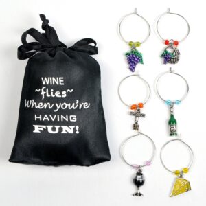 Wine and Grapes Wine Glass Charms, Drink Markers-Charms for Wine Glasses-Set of 6 with Sateen Storage Bag by Cork & Leaf