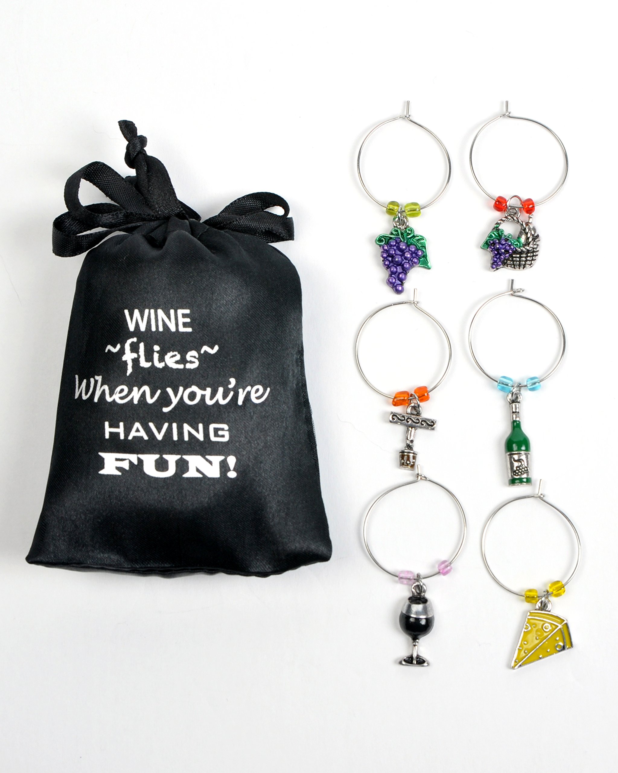 Wine and Grapes Wine Glass Charms, Drink Markers-Charms for Wine Glasses-Set of 6 with Sateen Storage Bag by Cork & Leaf