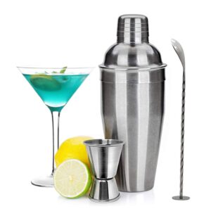 3pcs cocktail shaker bar tool set, 24oz bar shaker with measuring jigger and mixing spoon, stainless steel rustproof drink mixer for cocktail