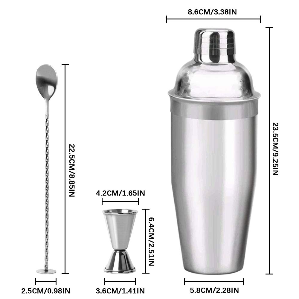 3PCS Cocktail Shaker Bar Tool Set, 24oz Bar Shaker with Measuring Jigger and Mixing Spoon, Stainless Steel Rustproof Drink Mixer for Cocktail