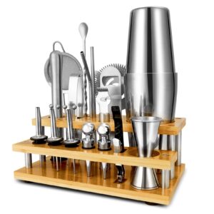 25 pcs cocktail shaker set, bartending tool kit with stand mixology bartender kit bar set mixer barware set with strainer alcohol steel martini making for home drink mixing, party