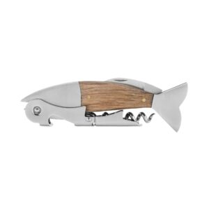 foster & rye wood & stainless steel fish double hinged corkscrews, natural