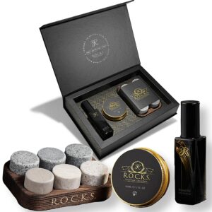 Whiskey Chilling Stones & Beard Care Grooming Kit Gift Set - 6 Handcrafted Granite Round Rocks -  Sandalwood Scent Oil & Balm - Whiskey Gift for Men in Elegant Gold Foil Box