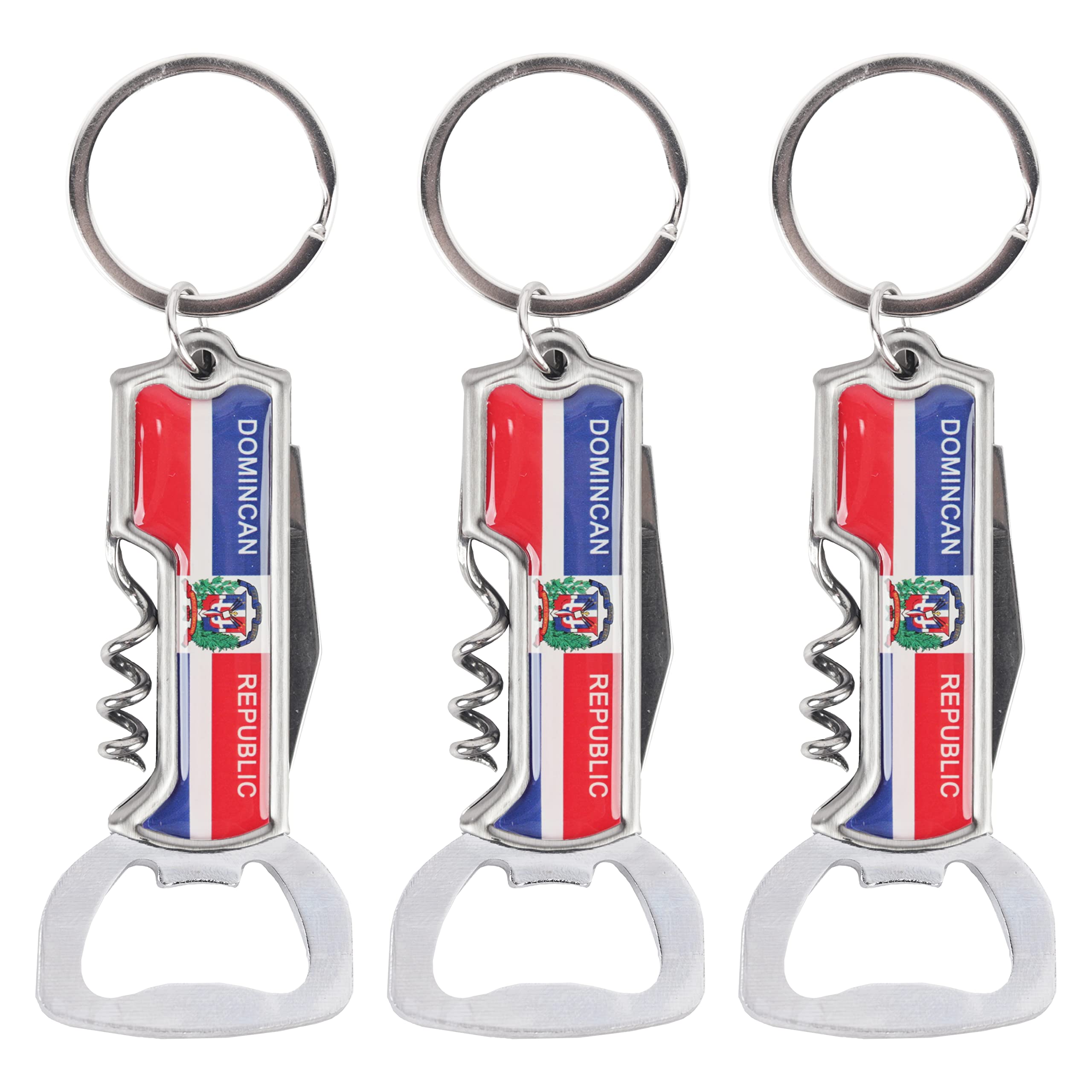 Multifunctional Bottle Opener Keychain Corkscrew Keychains - Dominican Republic Flag - Set of 3