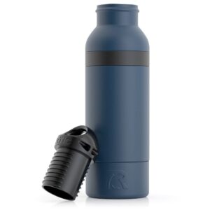 rtic bottle chiller water bottle insulated cooler for 12oz glass soda bottle or 16oz aluminum bottle, double wall vacuum insulation, stainless steel sweat proof with built-in bottle opener, navy