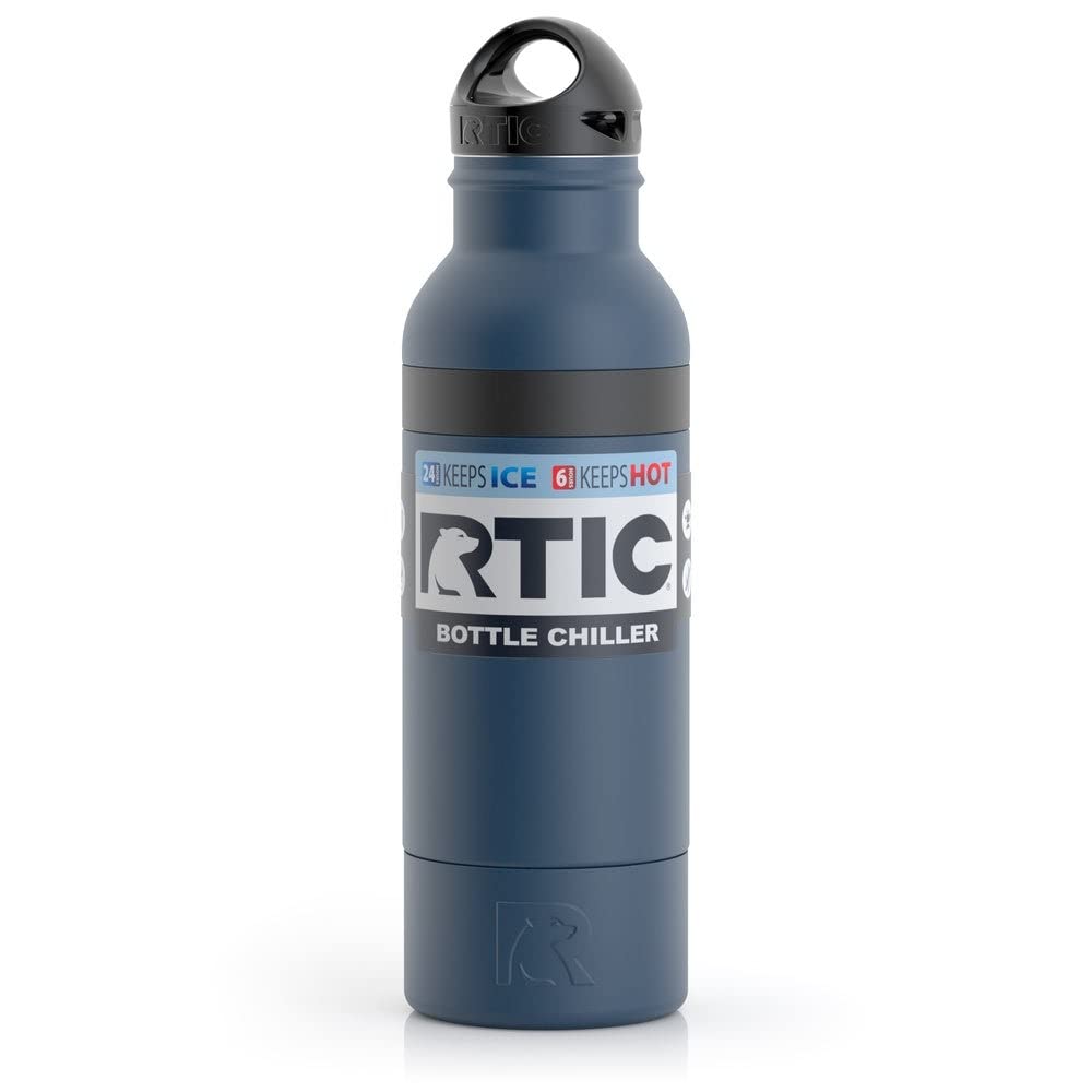 RTIC Bottle Chiller Water Bottle Insulated Cooler for 12oz Glass Soda Bottle or 16oz Aluminum Bottle, Double Wall Vacuum Insulation, Stainless Steel Sweat Proof with Built-In Bottle Opener, Navy