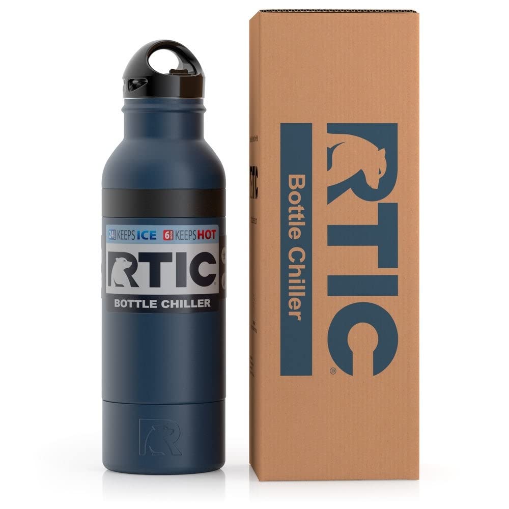 RTIC Bottle Chiller Water Bottle Insulated Cooler for 12oz Glass Soda Bottle or 16oz Aluminum Bottle, Double Wall Vacuum Insulation, Stainless Steel Sweat Proof with Built-In Bottle Opener, Navy