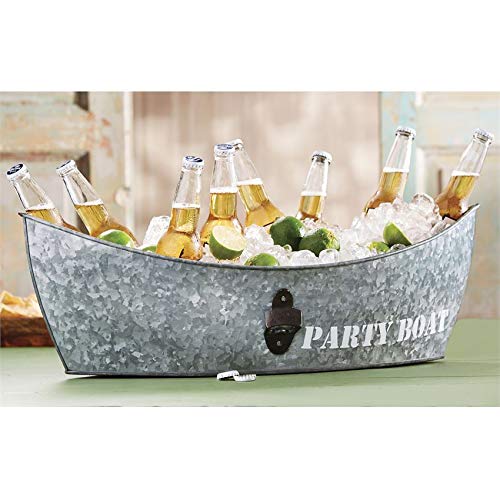 Mud Pie Tin Boat Party Drink Tub with Bottle Opener, 8 1/2" x 28", 28x8.5, Silver