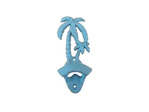 handcrafted nautical decor rustic light blue cast iron wall mounted palm tree bottle opener 6" - bottle o