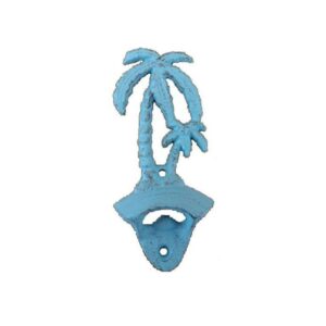 Handcrafted Nautical Decor Rustic Light Blue Cast Iron Wall Mounted Palm Tree Bottle Opener 6" - Bottle O