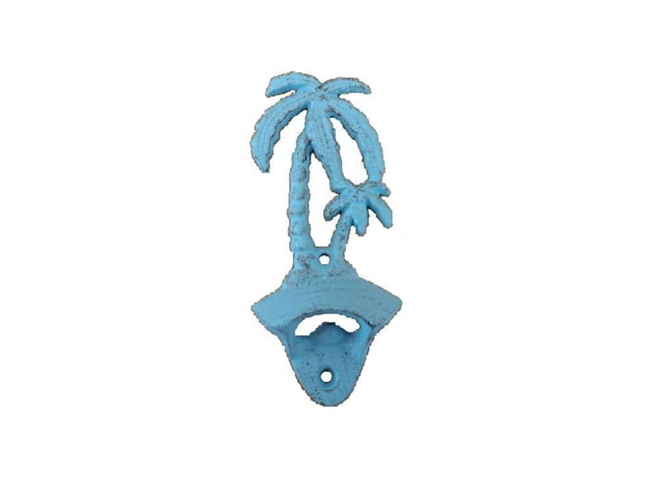 Handcrafted Nautical Decor Rustic Light Blue Cast Iron Wall Mounted Palm Tree Bottle Opener 6" - Bottle O