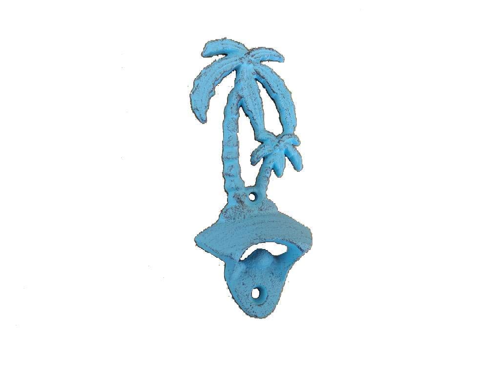 Handcrafted Nautical Decor Rustic Light Blue Cast Iron Wall Mounted Palm Tree Bottle Opener 6" - Bottle O