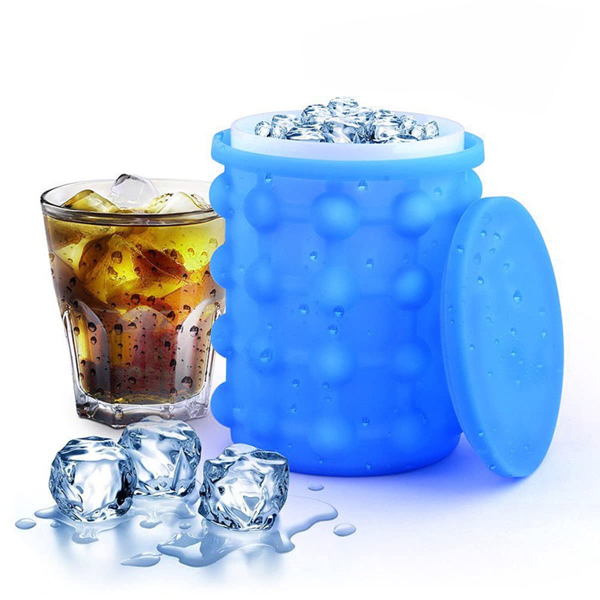 2 in 1 Silicone Ice Bucket and Ice Mold with Lid for Freezing Whiskey, Cocktails, Drinks, Portable Silicone Ice Maker (Blue)