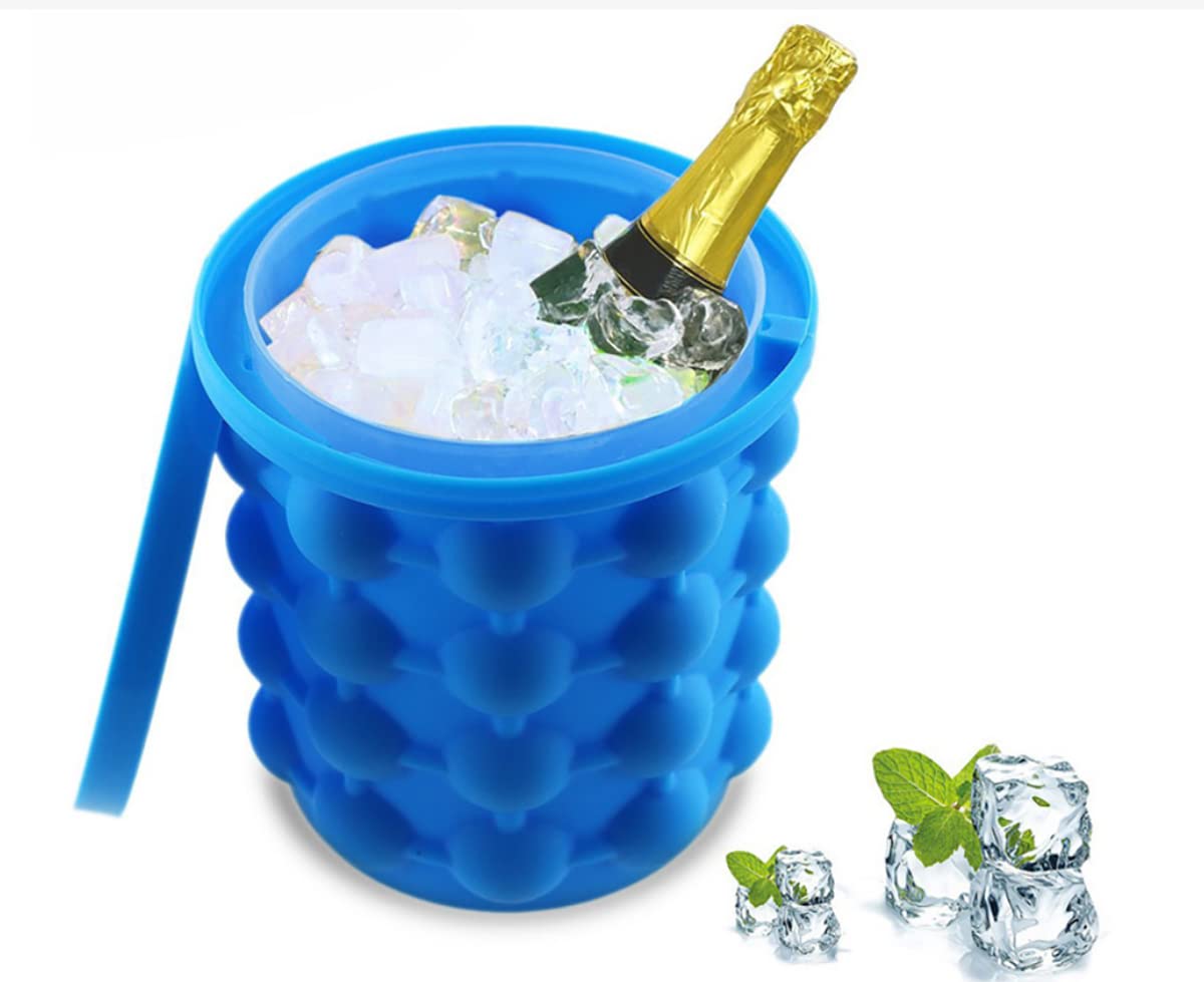 2 in 1 Silicone Ice Bucket and Ice Mold with Lid for Freezing Whiskey, Cocktails, Drinks, Portable Silicone Ice Maker (Blue)