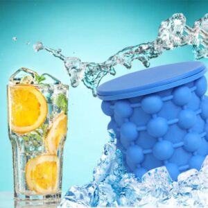 2 in 1 Silicone Ice Bucket and Ice Mold with Lid for Freezing Whiskey, Cocktails, Drinks, Portable Silicone Ice Maker (Blue)