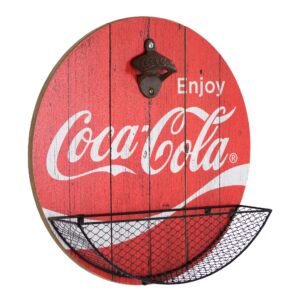 american art decor bottle opener & cap catcher - wall-mounted wooden beer cap collector - room decor accessories for bar, man cave, garage, game room & more (coca-cola)