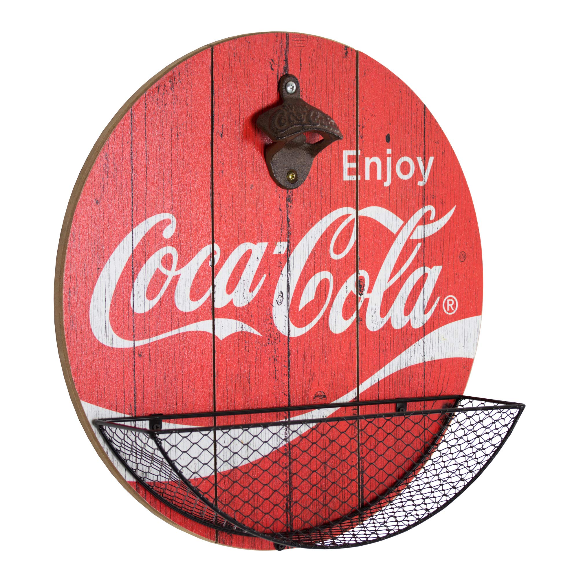 American Art Decor Bottle Opener & Cap Catcher - Wall-Mounted Wooden Beer Cap Collector - Room Decor Accessories for Bar, Man Cave, Garage, Game Room & More (Coca-Cola)