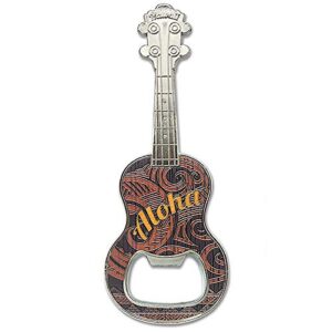 hawaiian aloha ukulele foil embossed magnetic bottle opener 4.625" h x 1.75" w