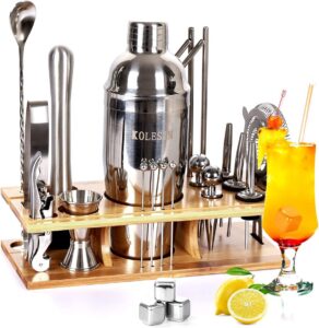 bartender kit, 26-piece stainless steel bartender kit with stylish bamboo stand home cocktail shaker set bar set with bar mixer best bar kit for beginners