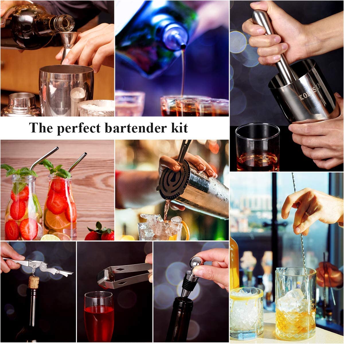 Bartender Kit, 26-Piece Stainless Steel Bartender Kit with Stylish Bamboo Stand Home Cocktail Shaker Set Bar Set with Bar Mixer Best Bar Kit for Beginners