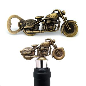 vintage bronze metal motorcycle bottle opener & wine bottle stopper souvenir gift set, motorcycle mini model gift for men for home for party club