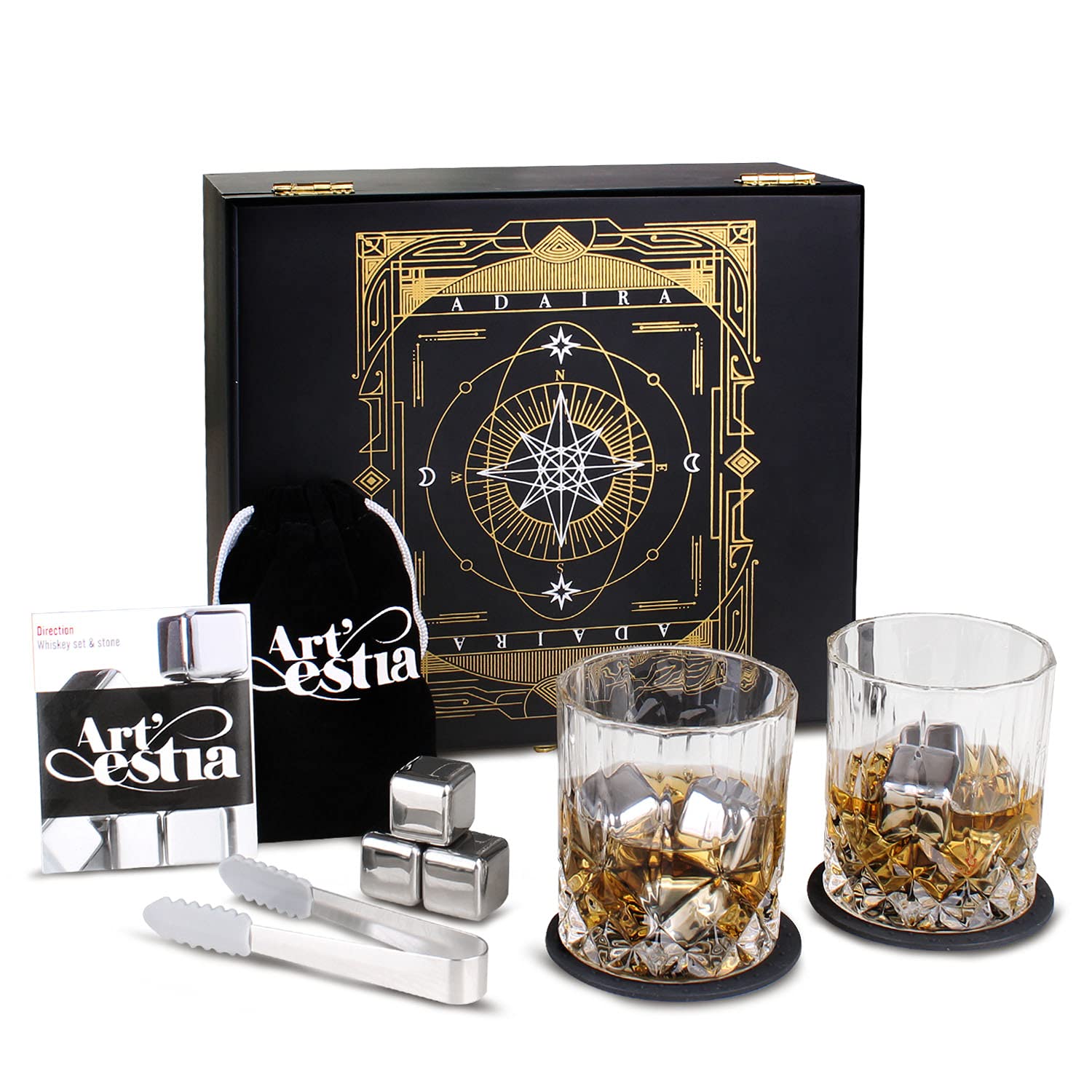 Artestia Whiskey Stones Set Gift for Men | Whiskey Glass and Stones Set, 8 Granite Whiskey Rocks Chilling Stones and 10oz Whiskey Glasses | Whiskey Lovers Gifts for Men, Dad, Husband, Boyfriend