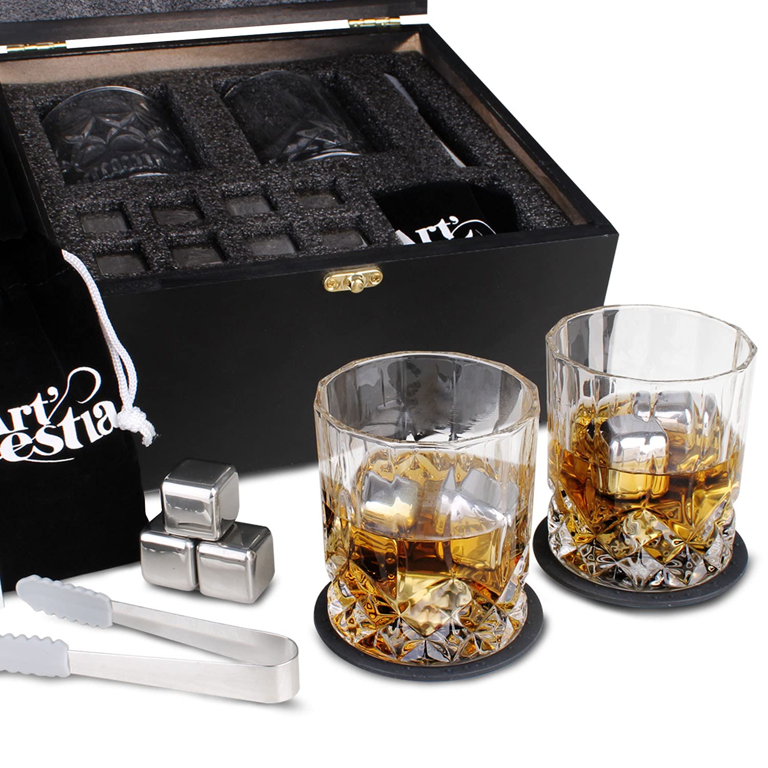 Artestia Whiskey Stones Set Gift for Men | Whiskey Glass and Stones Set, 8 Granite Whiskey Rocks Chilling Stones and 10oz Whiskey Glasses | Whiskey Lovers Gifts for Men, Dad, Husband, Boyfriend