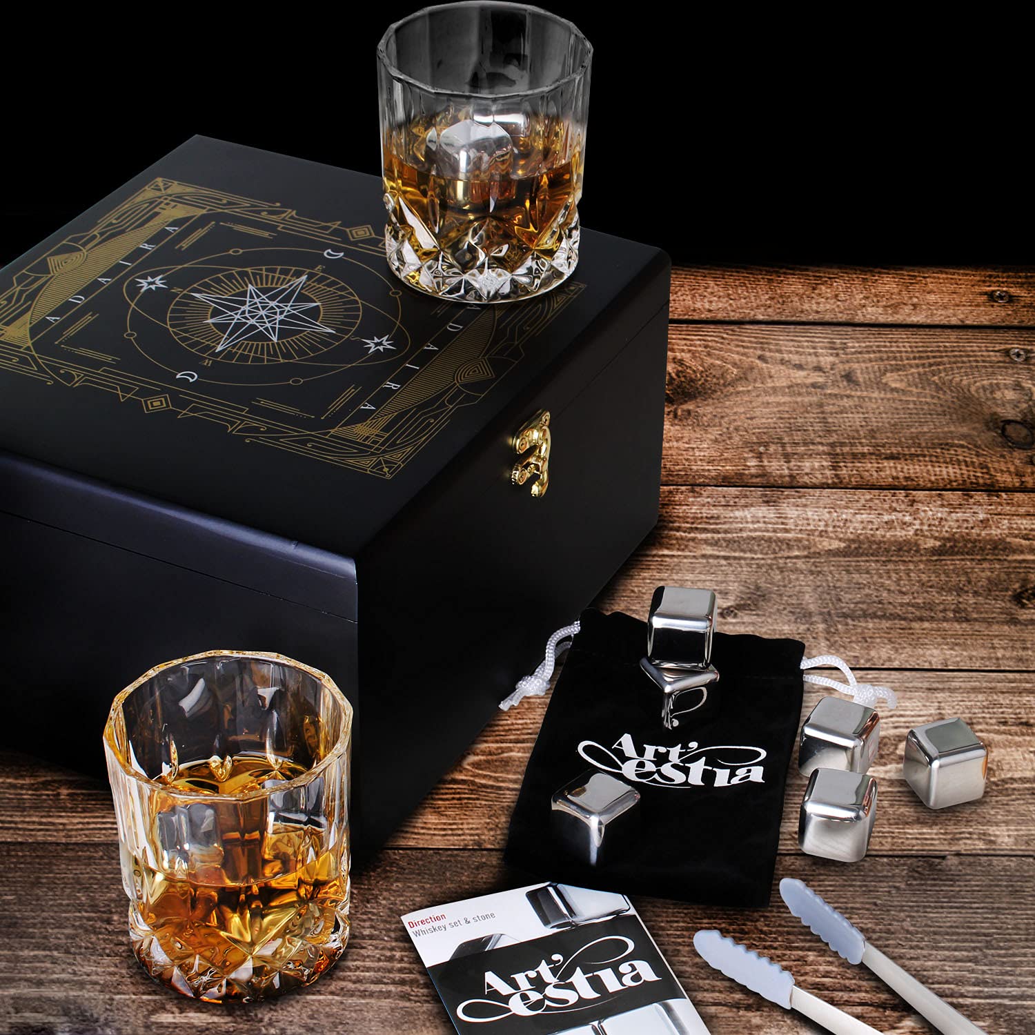 Artestia Whiskey Stones Set Gift for Men | Whiskey Glass and Stones Set, 8 Granite Whiskey Rocks Chilling Stones and 10oz Whiskey Glasses | Whiskey Lovers Gifts for Men, Dad, Husband, Boyfriend