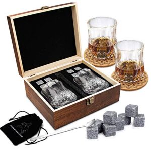 whiskey stones gift set - scotch bourbon glasses set, whisky rocks chilling stones in wooden gift box - gift set for men - idea for birthday, anniversary, christmas, fathers day.