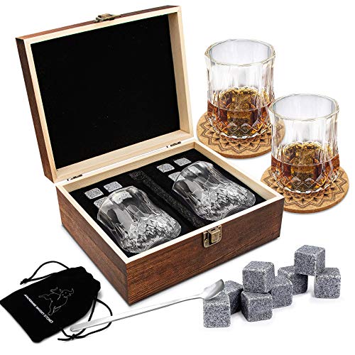 Whiskey Stones Gift Set - Scotch Bourbon Glasses Set, Whisky Rocks Chilling Stones in Wooden Gift Box - Gift Set for Men - Idea for Birthday, Anniversary, Christmas, Fathers Day.