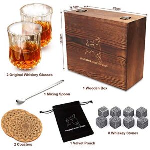 Whiskey Stones Gift Set - Scotch Bourbon Glasses Set, Whisky Rocks Chilling Stones in Wooden Gift Box - Gift Set for Men - Idea for Birthday, Anniversary, Christmas, Fathers Day.