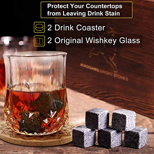 Whiskey Stones Gift Set - Scotch Bourbon Glasses Set, Whisky Rocks Chilling Stones in Wooden Gift Box - Gift Set for Men - Idea for Birthday, Anniversary, Christmas, Fathers Day.