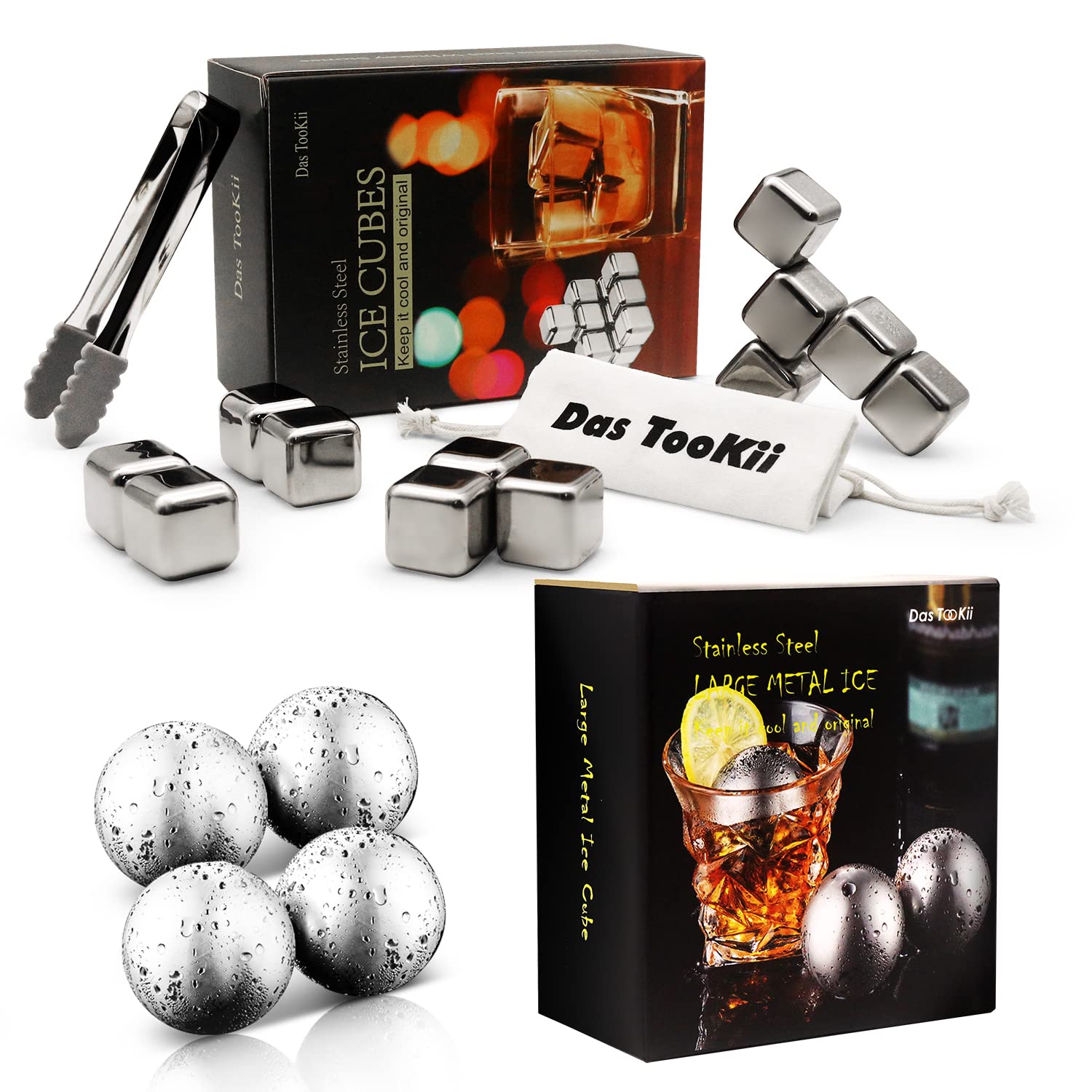 Whiskey Stones Gift Set for Men & Women, Stainless Steel Whisky Ice Balls, Metal Ice Cubes, Reusable Whiskey Rocks Beverage Chilling Stones