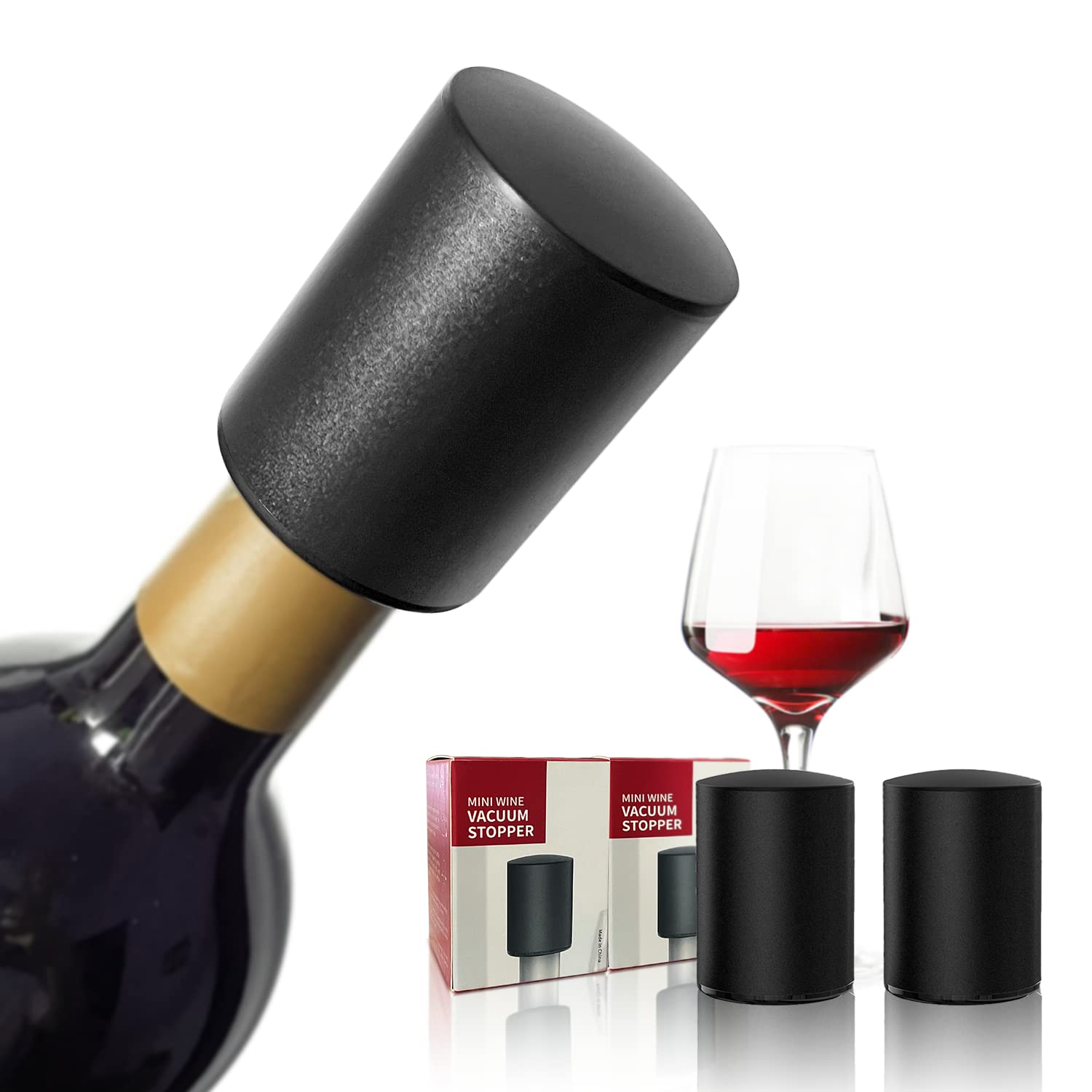 [2-Pack] YPLMX Vacuum Wine Bottle Stopper. The Built-In Vacuum Pump Sucks Air Away And Keeps The Wine Fresh. High-End Stoppers Can Be Reused. The Best Gift For Wine Lovers (Black)