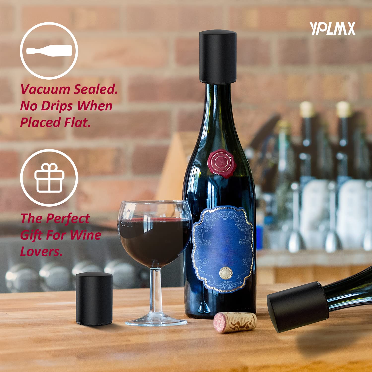 [2-Pack] YPLMX Vacuum Wine Bottle Stopper. The Built-In Vacuum Pump Sucks Air Away And Keeps The Wine Fresh. High-End Stoppers Can Be Reused. The Best Gift For Wine Lovers (Black)