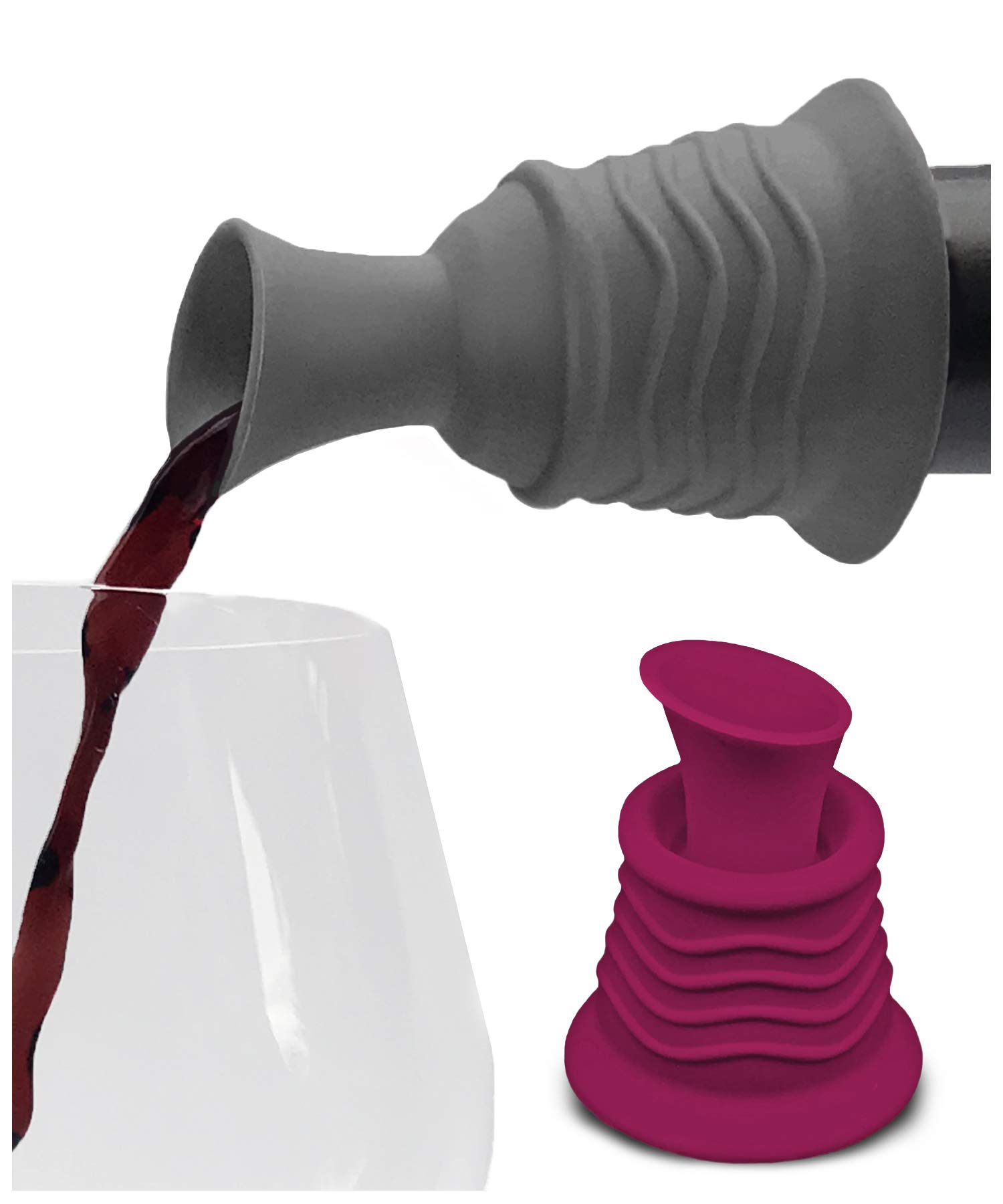 Wine Stopper and Pourer 2 Pack – Pink and Gray Silicone Wine Accessories to Serve Wine More Easily by Simply Charmed