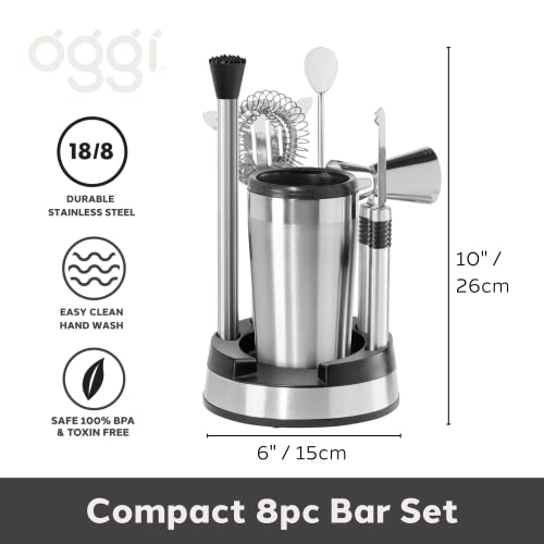 OGGI Compact Stainless Steel 8-Piece Bar Tool Set- Bartender Kit w/Stand, Stainless Steel Cocktail Set, Ideal Bar Accessories, Barware Set is Perfect for Bar Cart or Home Bar
